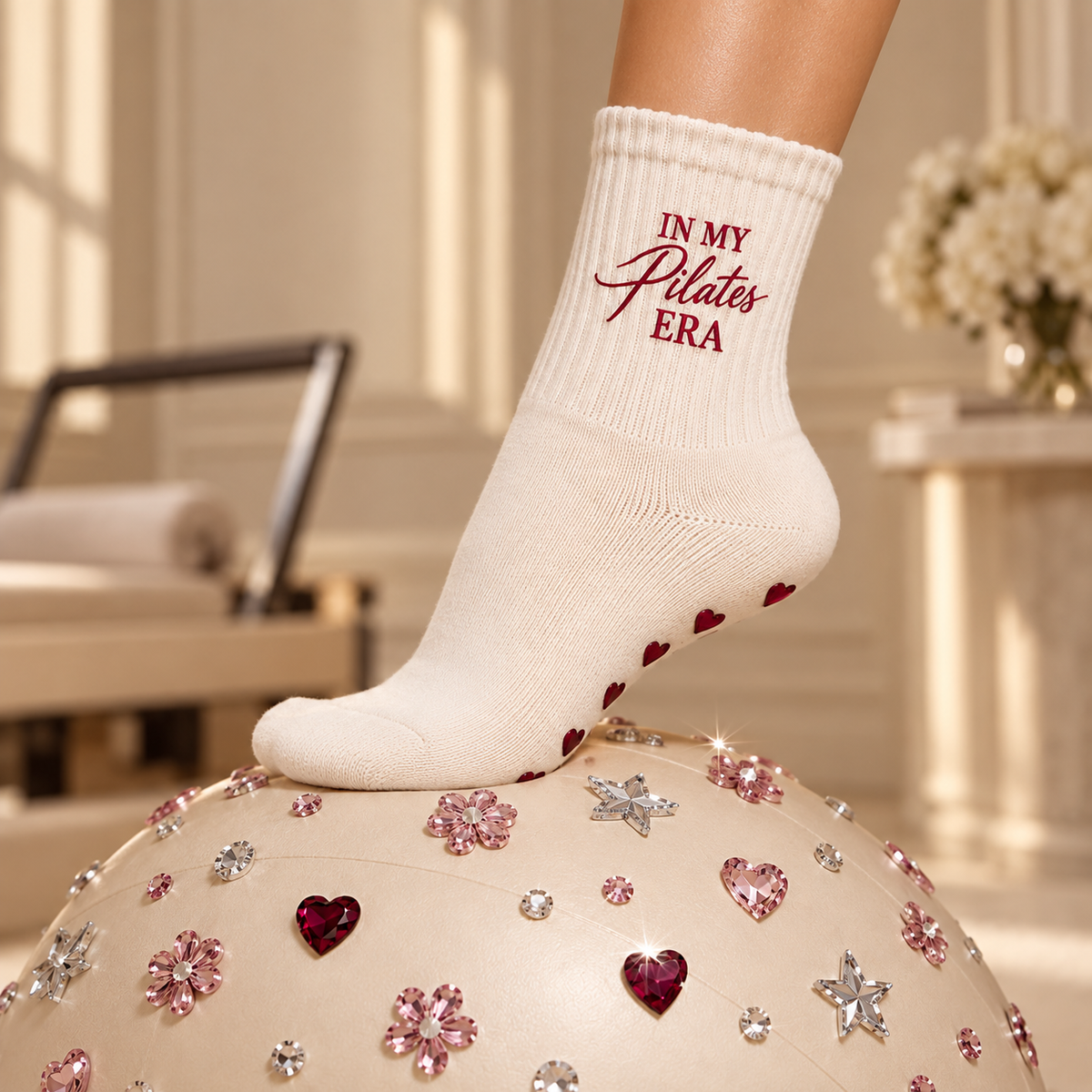 In My Pilates Era Grip Socks | Cream & Burgundy