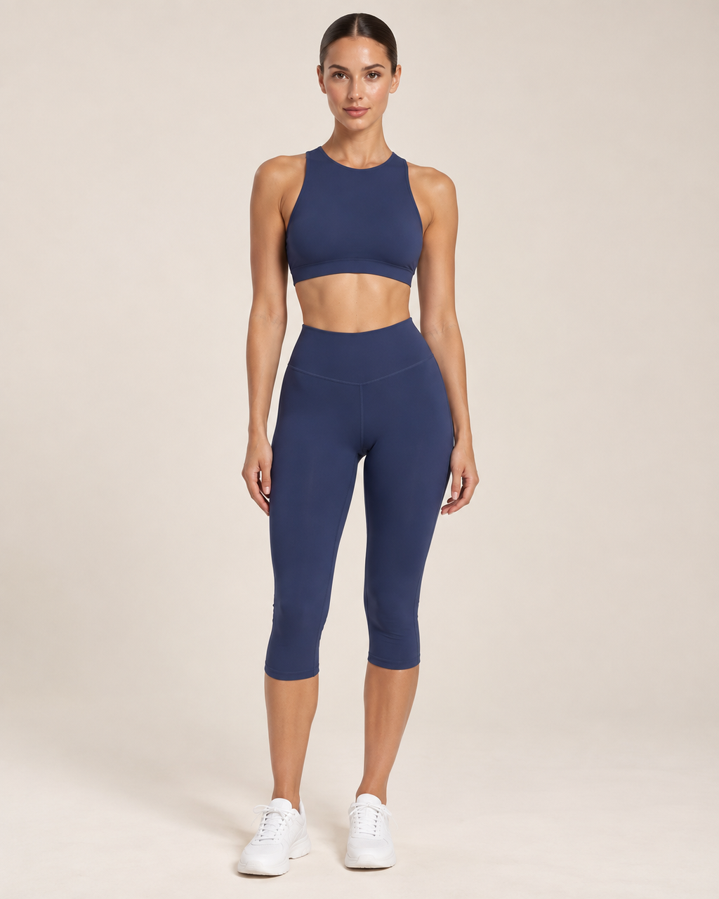 Art of Act Navy Blue Capri Set | High-Neck Sports Bra & High-Waisted Capri Leggings