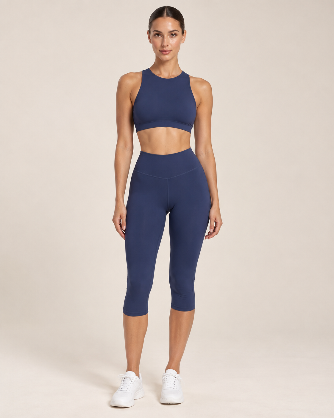 Art of Act Navy Blue Capri Set | High-Neck Sports Bra & High-Waisted Capri Leggings