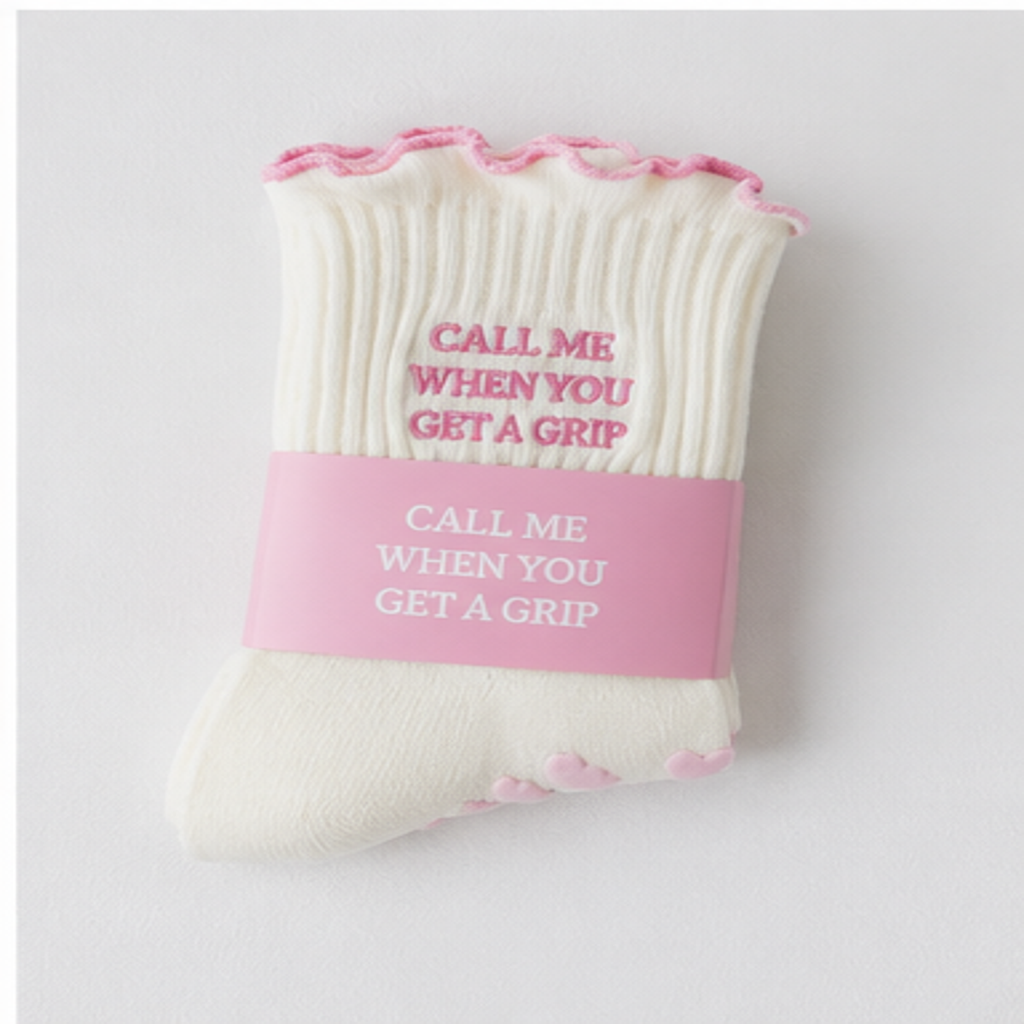 Call Me When You Get a Grip socks with pink packaging band