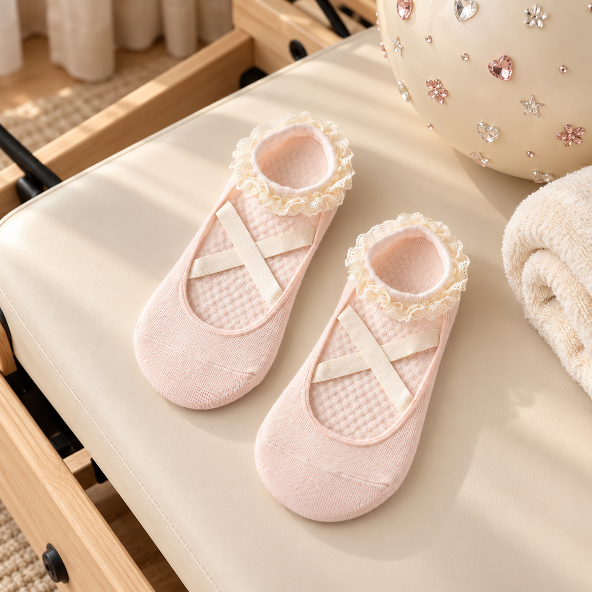 pink Ballet Lace Grip Socks – flat lay