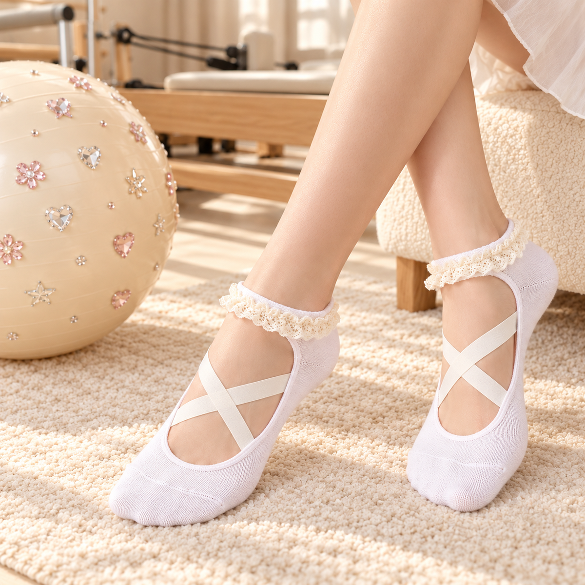 white Ballet Lace Grip Socks – studio view