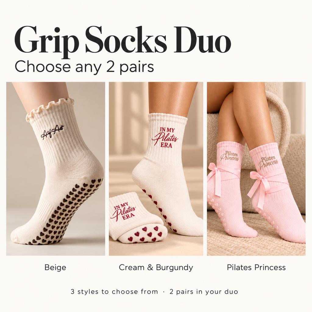 Grip Socks Duo — choose any two pairs: Beige, Cream & Burgundy, or Pilates Princess