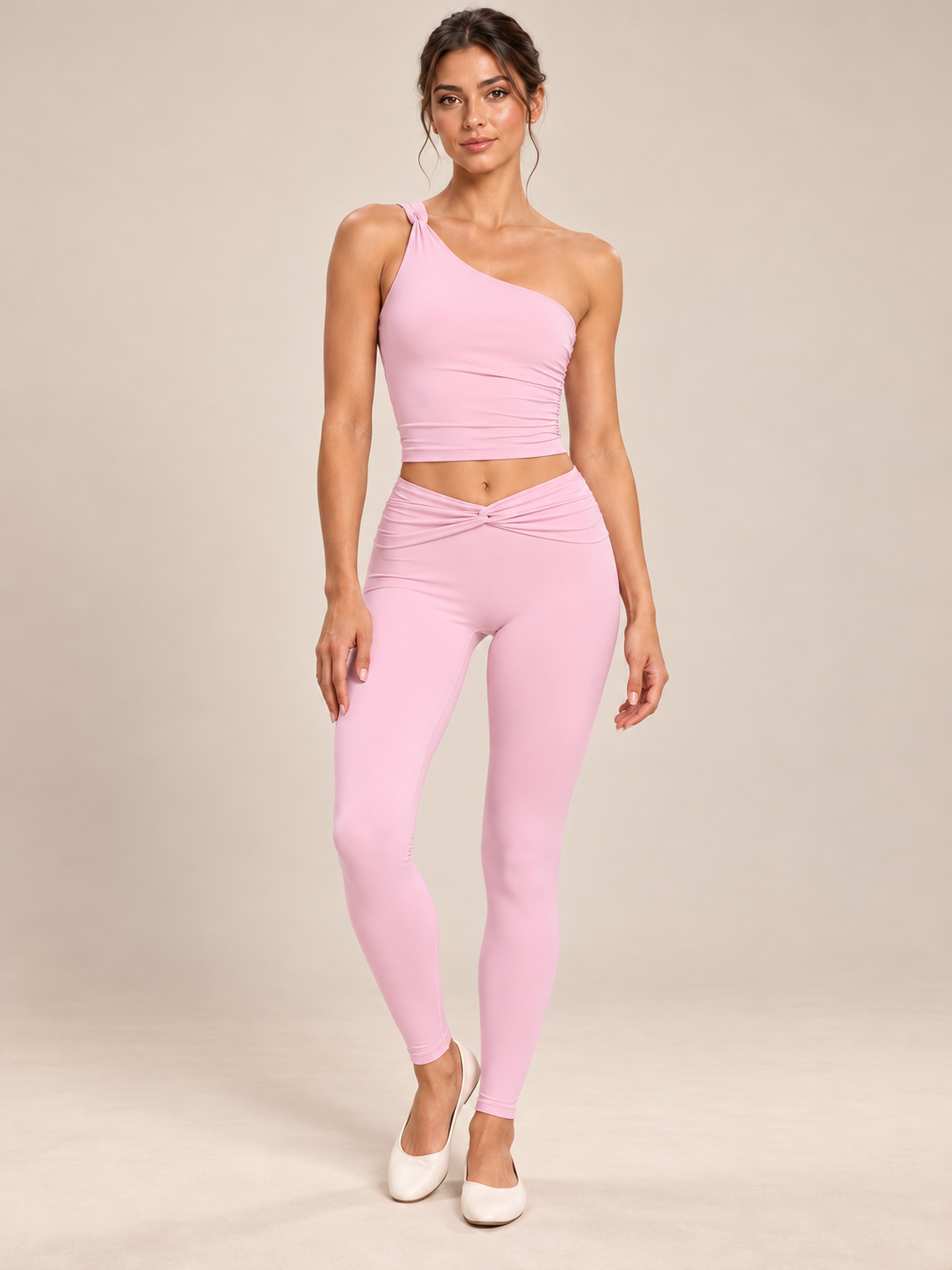 Blush Pink Twist One-Shoulder Legging Set three-quarter